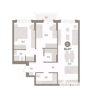 2-к квартира, вторичка, 85м2, 2/14 этаж