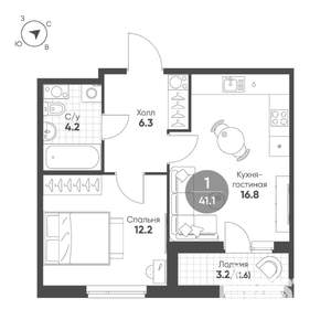 1-к квартира, строящийся дом, 41м2, 6/12 этаж