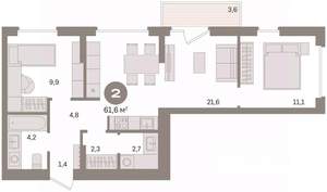 2-к квартира, вторичка, 62м2, 3/8 этаж