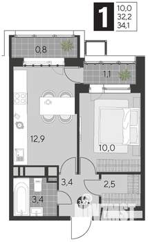 1-к квартира, строящийся дом, 34м2, 9/21 этаж