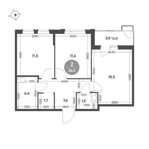 2-к квартира, вторичка, 56м2, 3/4 этаж