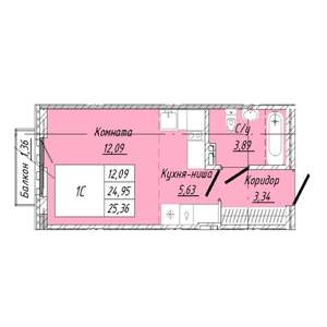 1-к квартира, строящийся дом, 25м2, 4/8 этаж