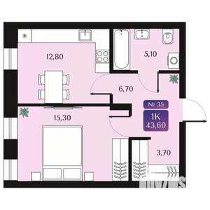 1-к квартира, вторичка, 44м2, 6/9 этаж