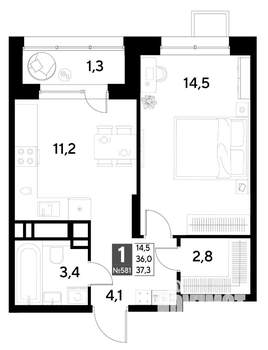 1-к квартира, строящийся дом, 37м2, 17/21 этаж