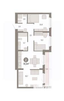 2-к квартира, вторичка, 72м2, 8/16 этаж
