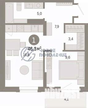 1-к квартира, вторичка, 46м2, 9/9 этаж