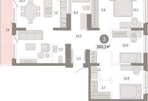 3-к квартира, вторичка, 103м2, 8/9 этаж