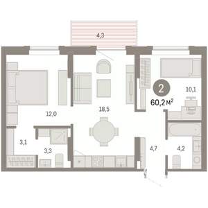 2-к квартира, вторичка, 60м2, 8/9 этаж