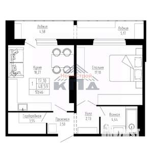 1-к квартира, вторичка, 53м2, 1/16 этаж