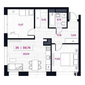 2-к квартира, строящийся дом, 60м2, 13/15 этаж