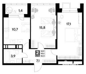 2-к квартира, строящийся дом, 56м2, 20/21 этаж