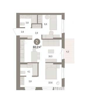 2-к квартира, вторичка, 60м2, 6/14 этаж