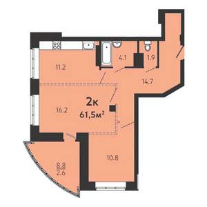 2-к квартира, строящийся дом, 59м2, 13/16 этаж