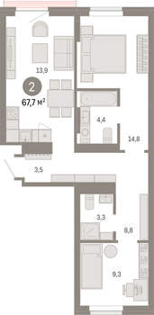 2-к квартира, вторичка, 68м2, 4/9 этаж