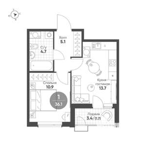 1-к квартира, строящийся дом, 36м2, 6/15 этаж