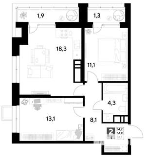 2-к квартира, строящийся дом, 58м2, 12/21 этаж