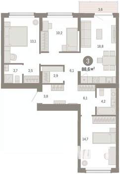 3-к квартира, вторичка, 89м2, 4/16 этаж