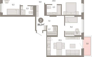 2-к квартира, вторичка, 86м2, 2/9 этаж