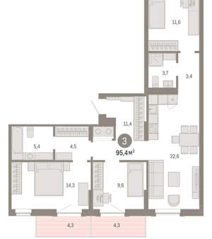 3-к квартира, вторичка, 95м2, 8/9 этаж