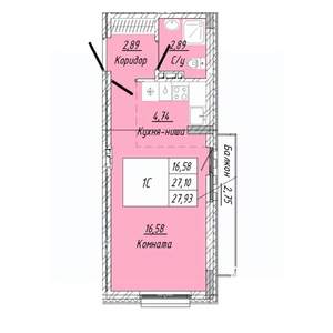 1-к квартира, строящийся дом, 28м2, 5/8 этаж
