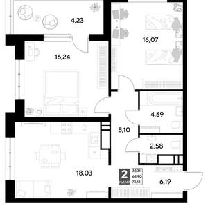 2-к квартира, строящийся дом, 73м2, 18/21 этаж
