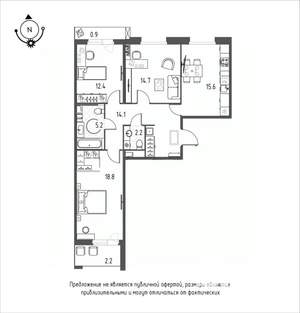 3-к квартира, строящийся дом, 86м2, 7/12 этаж