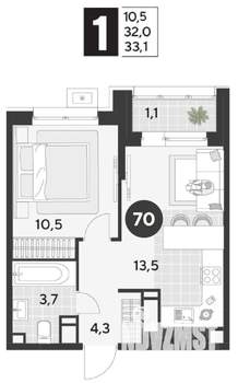1-к квартира, строящийся дом, 33м2, 15/21 этаж