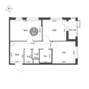 2-к квартира, вторичка, 56м2, 8/10 этаж