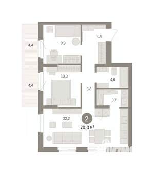 2-к квартира, вторичка, 70м2, 6/14 этаж