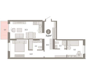 2-к квартира, вторичка, 72м2, 4/9 этаж