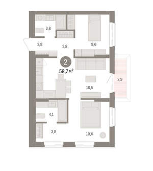 2-к квартира, вторичка, 59м2, 3/14 этаж