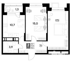 2-к квартира, строящийся дом, 55м2, 17/21 этаж