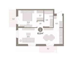 1-к квартира, вторичка, 62м2, 6/14 этаж