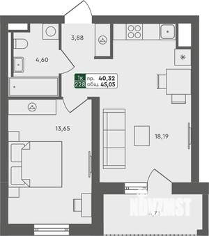 1-к квартира, строящийся дом, 45м2, 6/7 этаж