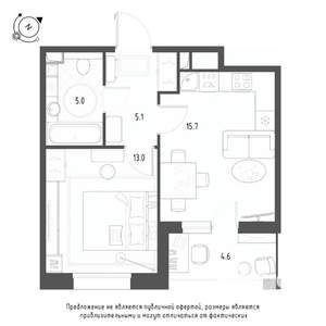 1-к квартира, вторичка, 41м2, 2/7 этаж