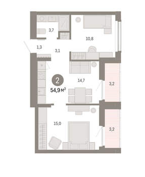 2-к квартира, вторичка, 55м2, 6/16 этаж