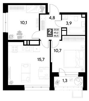 2-к квартира, строящийся дом, 47м2, 9/21 этаж