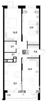 3-к квартира, строящийся дом, 85м2, 11/21 этаж