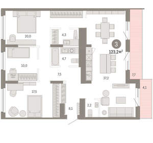 3-к квартира, вторичка, 123м2, 7/9 этаж