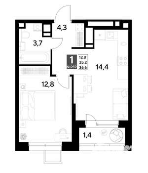 1-к квартира, строящийся дом, 37м2, 21/21 этаж