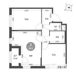 2-к квартира, вторичка, 56м2, 3/4 этаж