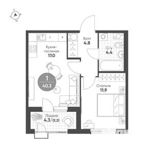 1-к квартира, строящийся дом, 40м2, 8/15 этаж