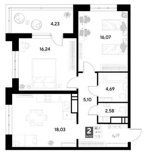 2-к квартира, строящийся дом, 73м2, 9/21 этаж