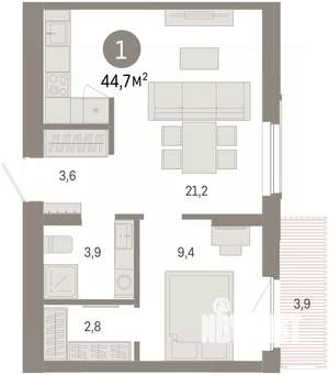 1-к квартира, вторичка, 45м2, 3/16 этаж