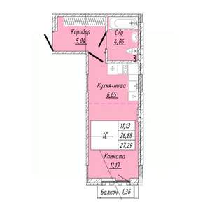 1-к квартира, строящийся дом, 27м2, 2/8 этаж