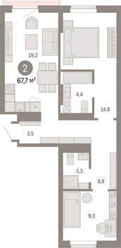 2-к квартира, вторичка, 68м2, 3/9 этаж