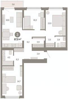 3-к квартира, вторичка, 88м2, 5/8 этаж