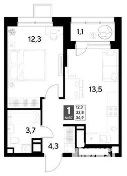 1-к квартира, строящийся дом, 35м2, 6/21 этаж