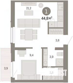 1-к квартира, вторичка, 45м2, 3/16 этаж