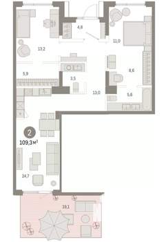 2-к квартира, вторичка, 109м2, 1/17 этаж